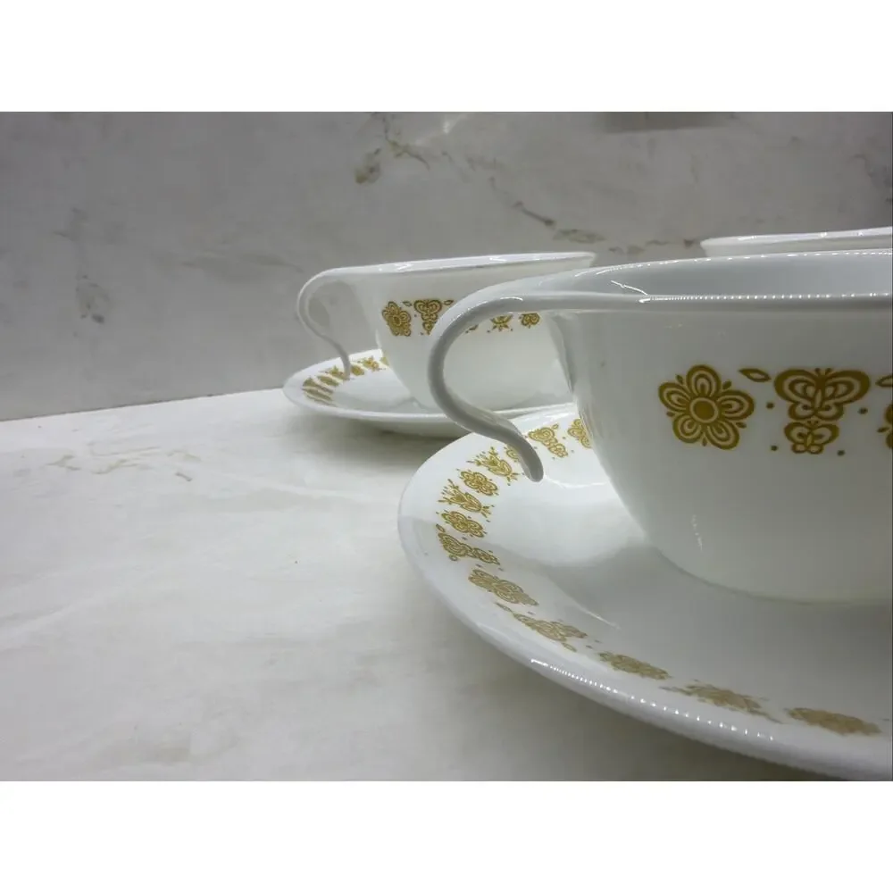 Vintage Set of 4 Corelle Butterfly Gold Hook Handle Coffee Tea Cups /Saucers
